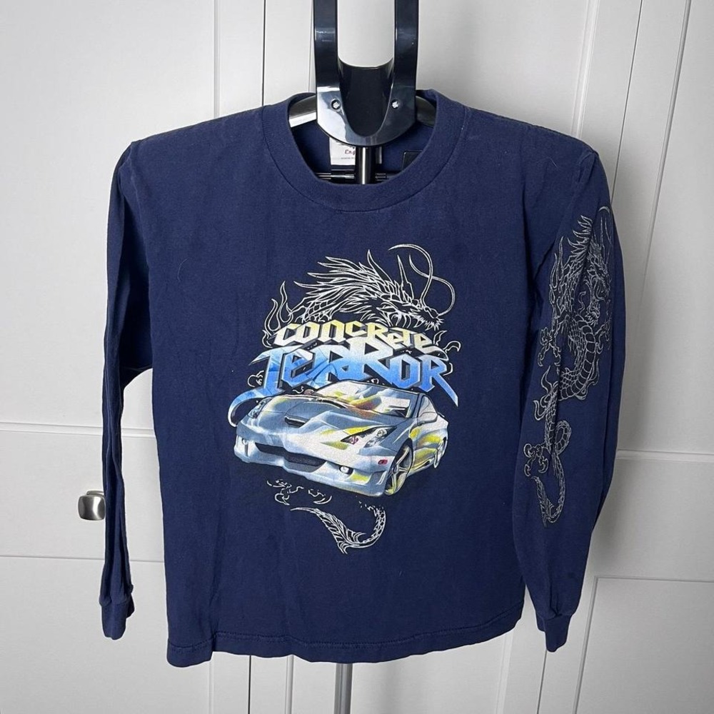 Youth L Mad Engine Concrete Terror Car Graphic Long‎ Sleeve Shirt Dragon Navy